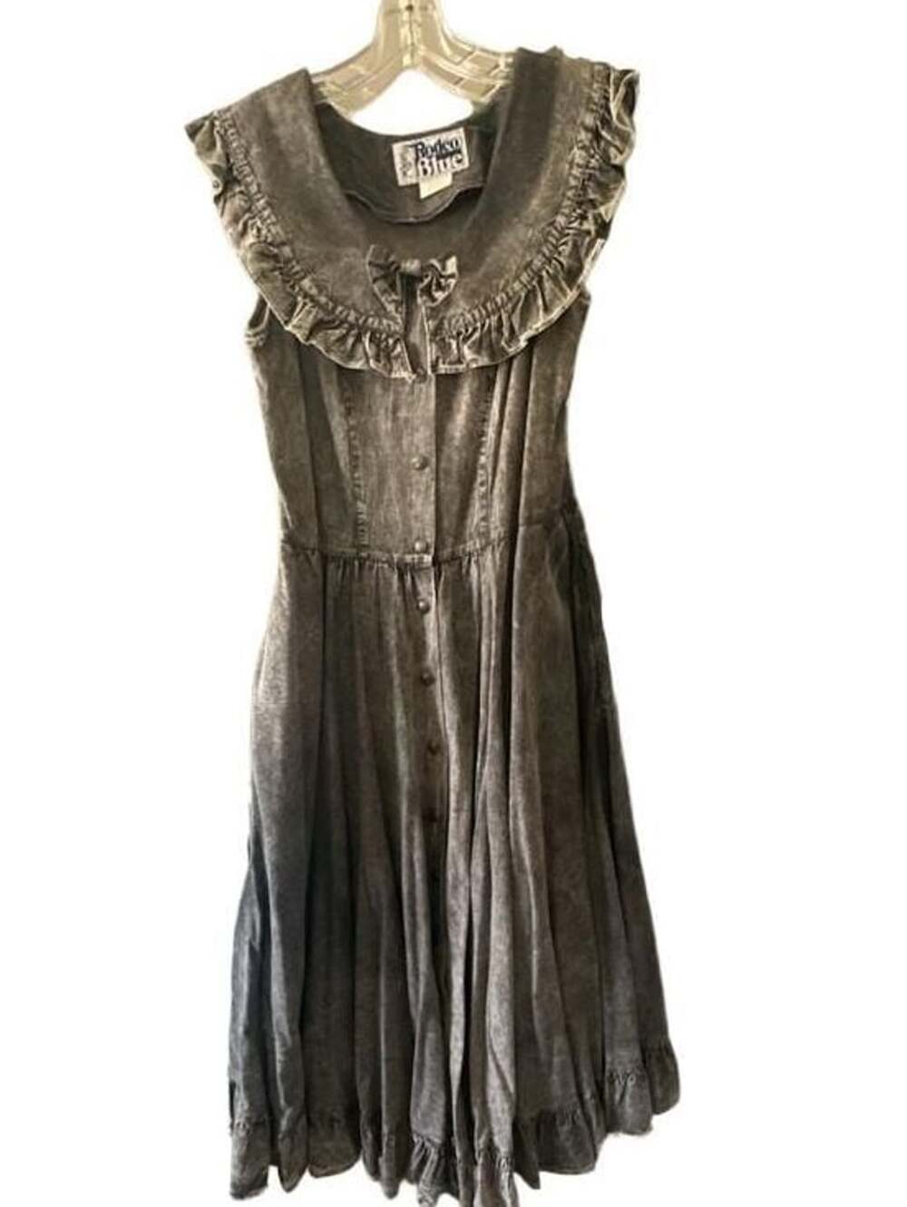 Vintage Roper Rodeo Blue Dress Size 13/14 Grey Acid Wash Denim Ruffle Collar